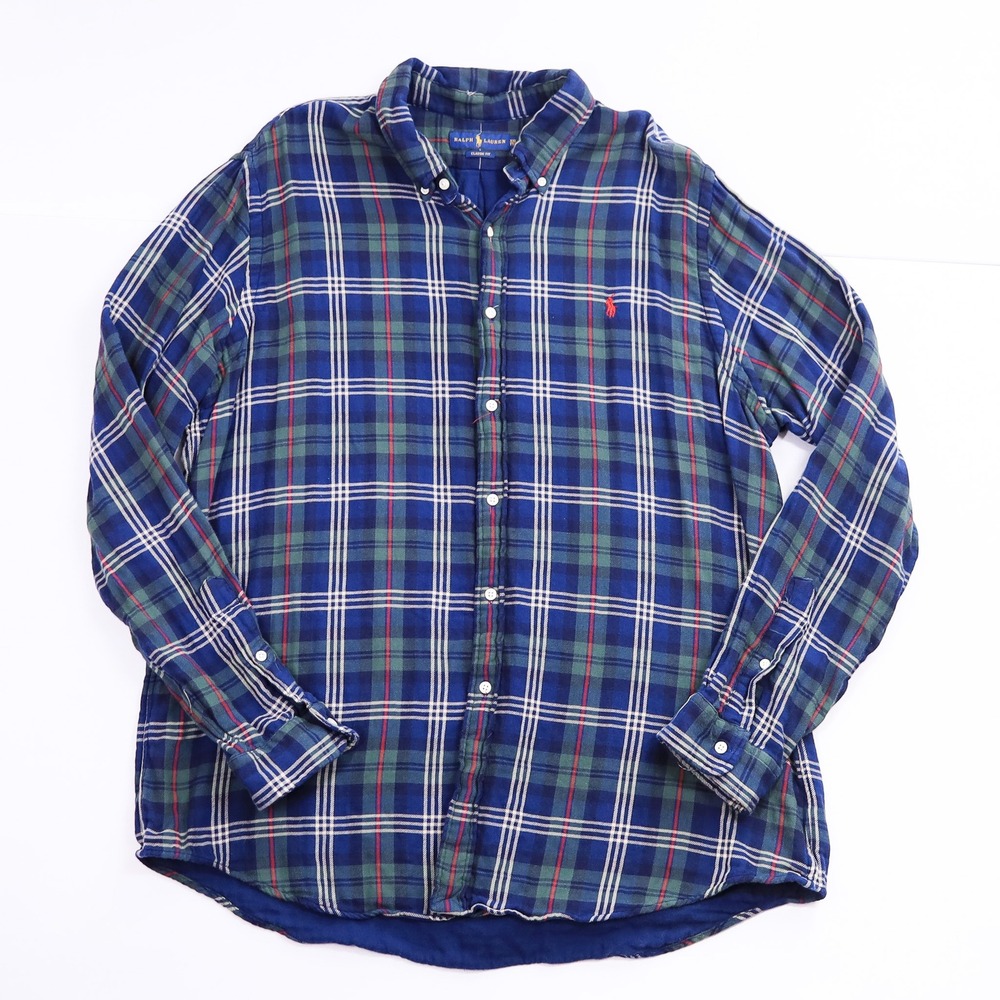 Ralph Lauren Button Down Shirt Mens XXL Blue Plaid Classic Fit Cotton Flannel